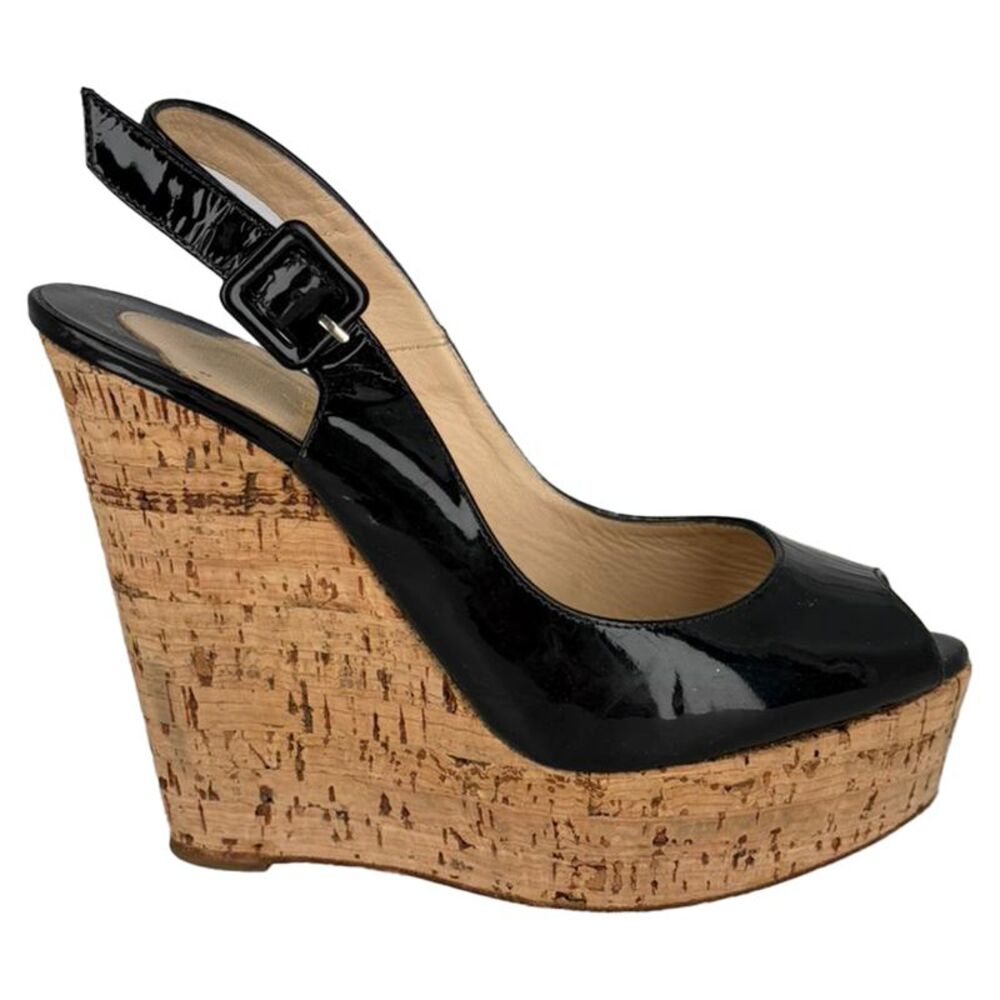 Christian Louboutin Une Plume Slingback Wedge in Black Patent Leather